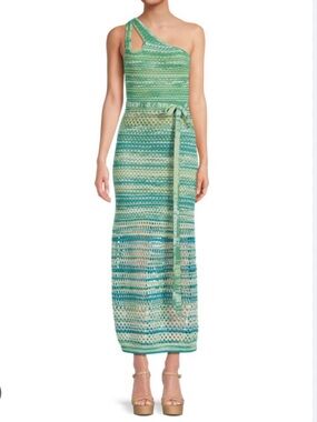 Jonathan Simkhai Sz L Dress Justina Seafoam One-Shoulder Green Crochet Midi Boho